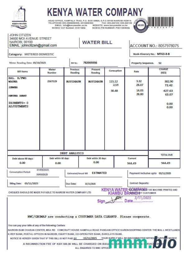 Kenya Kenya Water Firma rachunek za media szablon w formatach Word i PDF